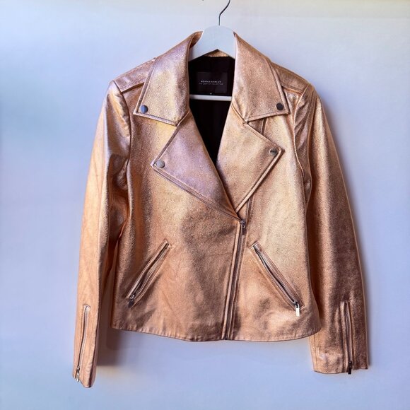 Neiman Marcus Rose Gold Metallic Leather Moto Jacket – Size M - Picture 2 of 11